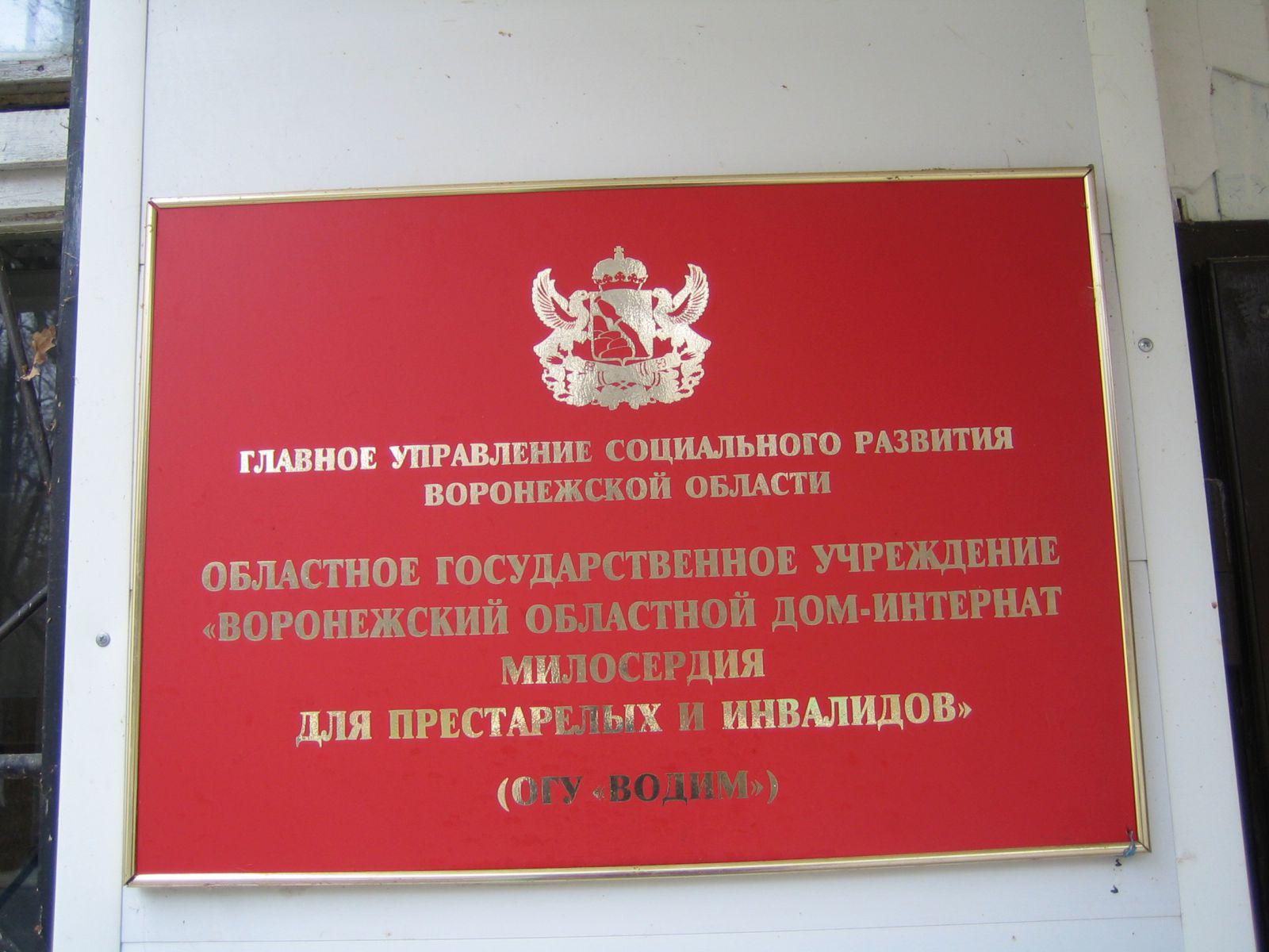 Муниципальные учреждения воронежской области. Областной дом милосердия Новосибирск. Герб на здании партельского дома интерната.